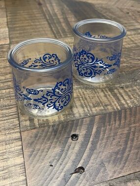 Oui by Yoplait yogurt glass jars featuring a limited edition blue scroll design